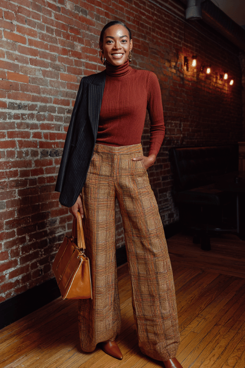 a Black woman wearing a rich mahogany turtleneck sweater tucked into wide-leg trousers in a bold rust and camel plaid print, layered with a longline black blazer
