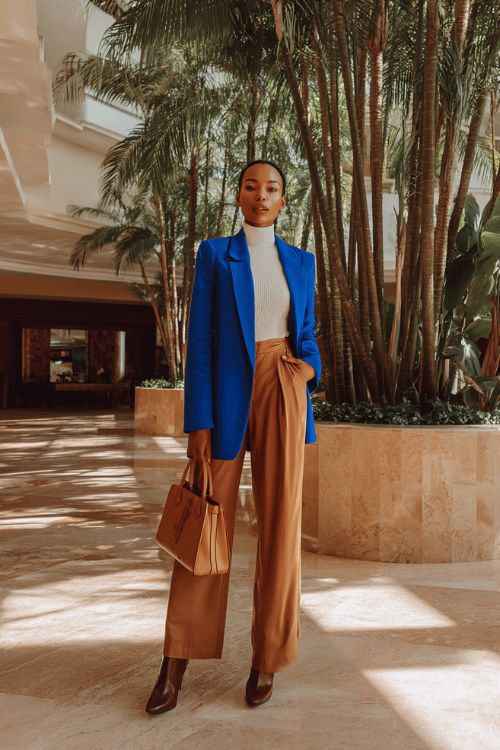 a Black woman wearing a striking cobalt blue wrap blazer over a crisp white turtleneck tucked into tailored wide-leg trousers in warm caramel, finished with pointed-toe ankle boots 