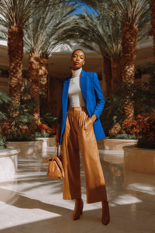 a Black woman wearing a striking cobalt blue wrap blazer over a crisp white turtleneck tucked into tailored wide-leg trousers in warm caramel, finished with pointed-toe ankle boots