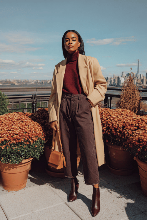 a Black woman wearing an oversized camel blazer belted at the waist over a deep burgundy fitted turtleneck and straight-leg dark wash trousers, finished with pointed-toe ankle boots