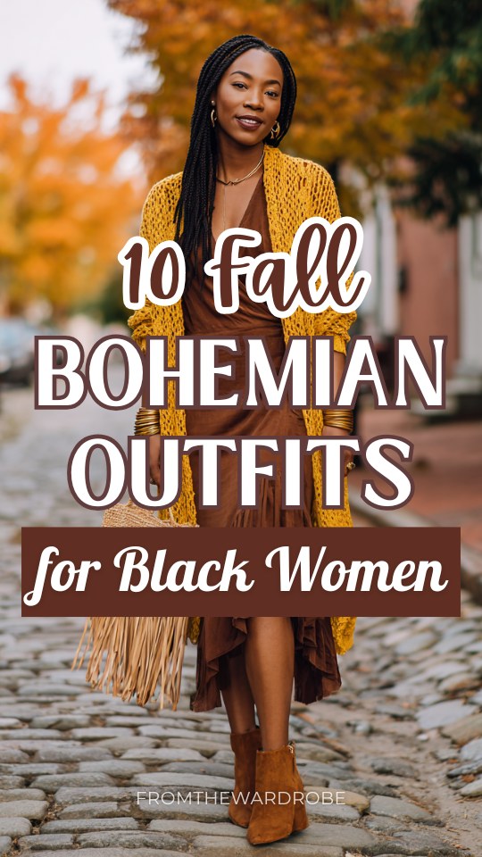 a Black woman wears a fall boho outfit with a mustard cardigan and a brown dress with suede boots