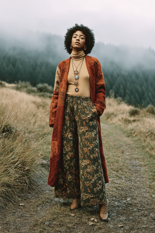 a Black woman with TWA natural hair wearing a boho-chic patchwork coat in rich terracotta, burnt sienna, and forest green over a cream ribbed turtleneck and wide-leg floral trousers