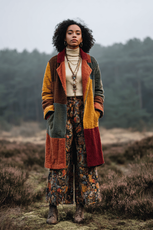 a Black woman with TWA natural hair wearing a boho-chic patchwork coat in rich terracotta, burnt sienna, and forest green over a cream ribbed turtleneck and wide-leg floral trousers
