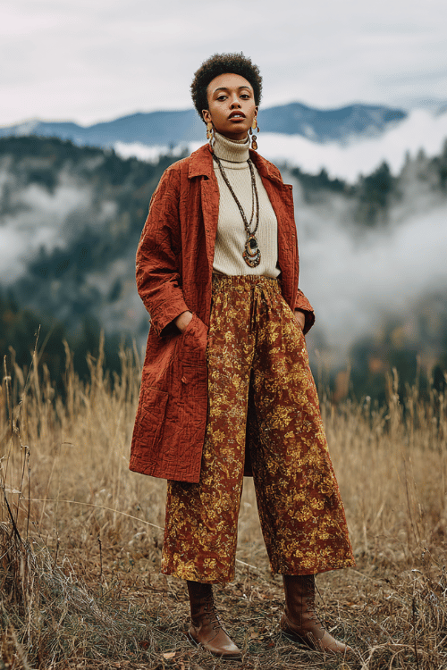a Black woman with TWA natural hair wearing a boho-chic patchwork coat in rich terracotta, burnt sienna, and forest green over a cream ribbed turtleneck and wide-leg floral trousers