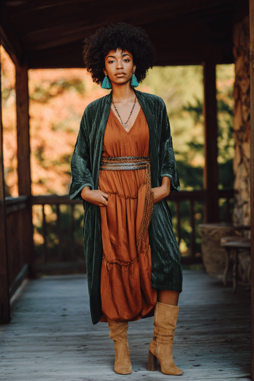 a Black woman with a bold afro wearing a deep olive green velvet kimono jacket over a tiered rust-orange chiffon midi dress, belted with a wide braided leather strap