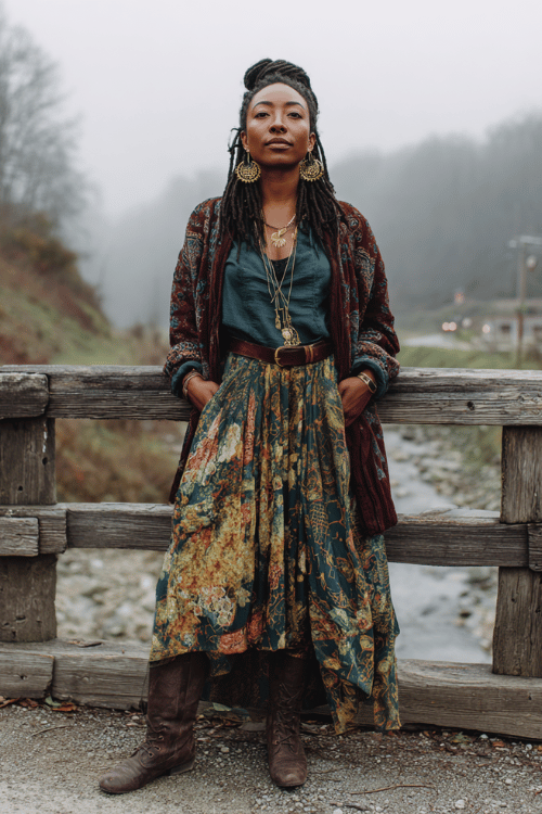 a Black woman with goddess braids wearing a hippie-chic layered look a deep jewel-toned embroidered coat over a flowing amber and forest-green printed maxi dress