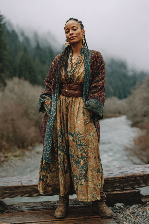 a Black woman with goddess braids wearing a hippie-chic layered look a deep jewel-toned embroidered coat over a flowing amber and forest-green printed maxi dress