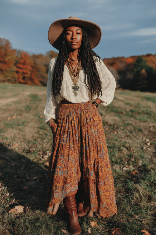 a Black woman with long locs wearing a richly patterned Ankara-print boho maxi skirt in warm earth tones paired with an oversized cream lace peasant blouse