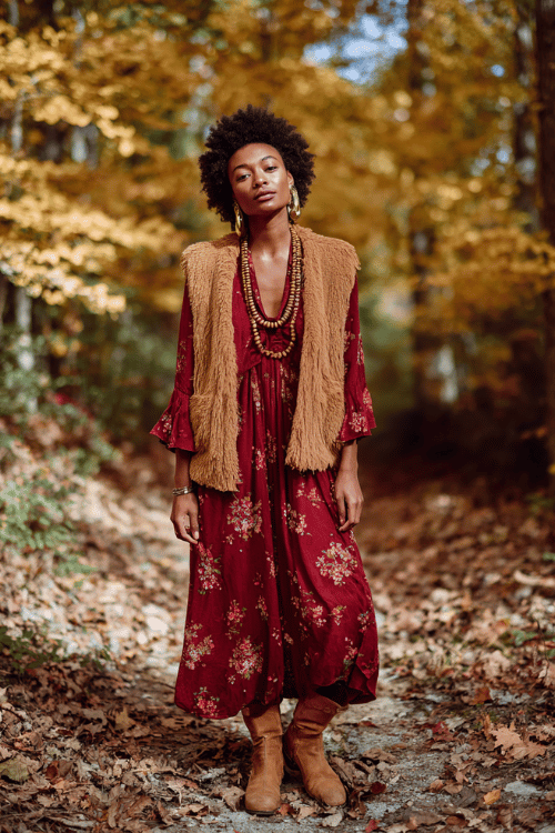 a Black woman with natural coily hair wearing a flowing deep burgundy maxi dress with bell sleeves and floral embroidery, layered with a camel fringed suede vest