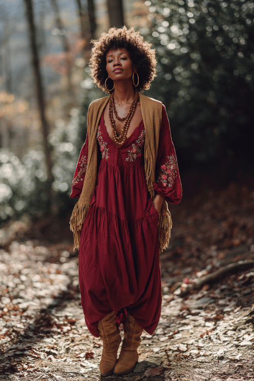 a Black woman with natural coily hair wearing a flowing deep burgundy maxi dress with bell sleeves and floral embroidery, layered with a camel fringed suede vest