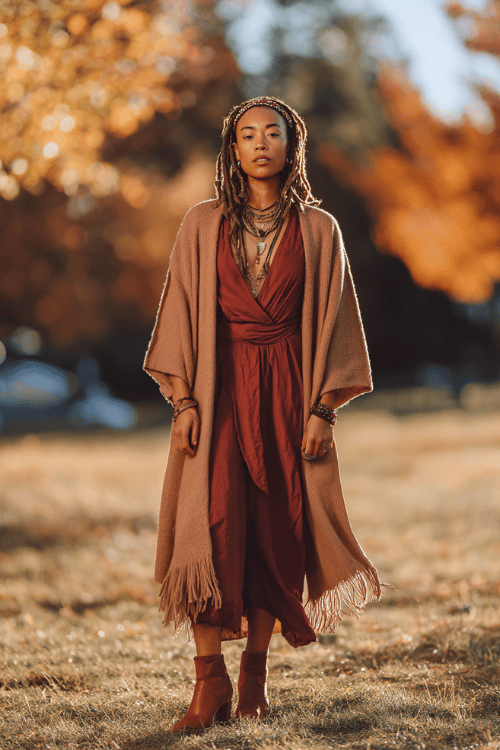 a Black woman with shoulder-length locs wearing a flowing camel-toned duster coat with fringe detailing over a rich burgundy wrap dress