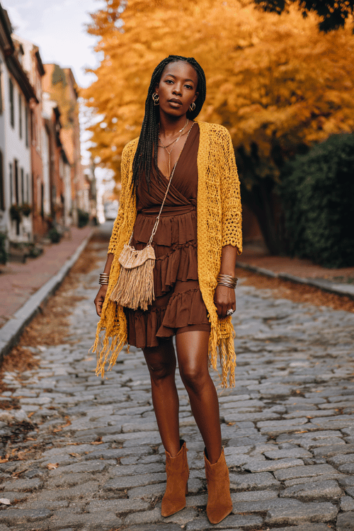 a Black woman with sleek box braids wearing a mustard yellow crochet cardigan over a warm chocolate brown wrap dress with a tiered hem, paired with stacked gold bangles