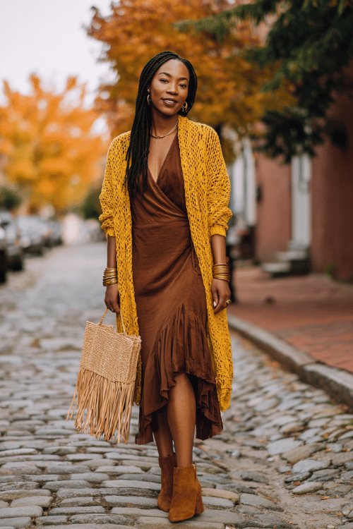 a Black woman with sleek box braids wearing a mustard yellow crochet cardigan over a warm chocolate brown wrap dress with a tiered hem, paired with stacked gold bangles