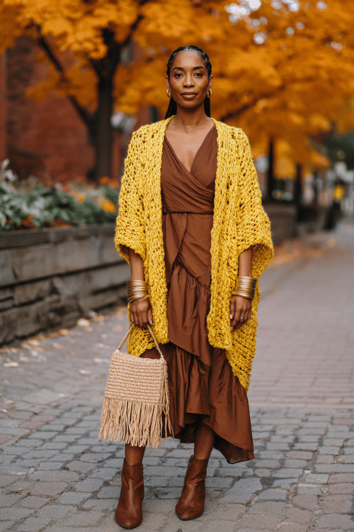 a Black woman with sleek box braids wearing a mustard yellow crochet cardigan over a warm chocolate brown wrap dress with a tiered hem, paired with stacked gold bangles
