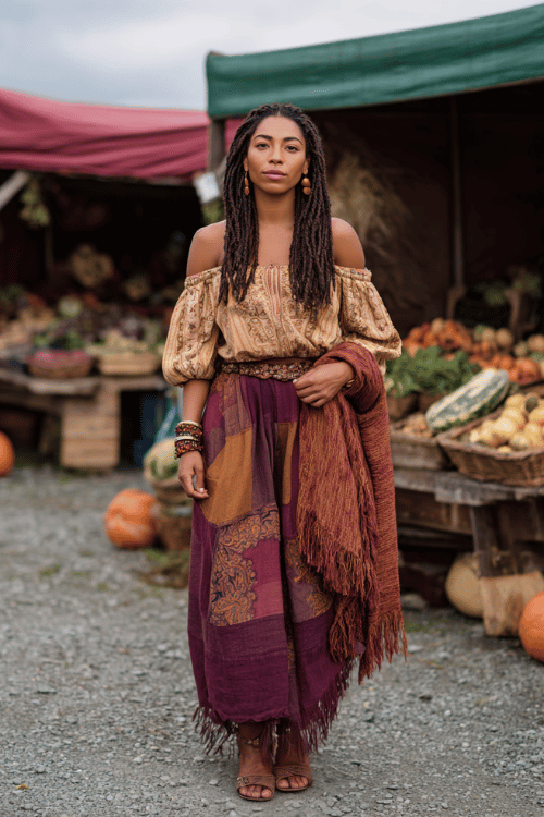 a Black woman with waist-length braids wearing an embroidered off-shoulder blouse in warm ivory paired with a long patchwork skirt in deep ochre and plum tones