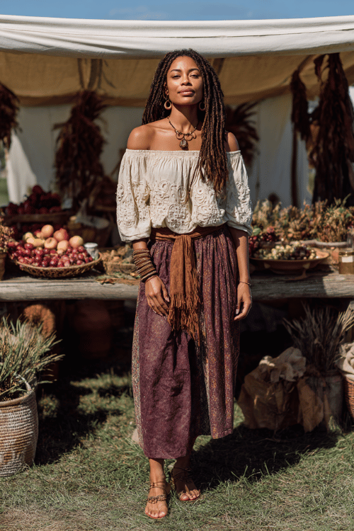a Black woman with waist-length braids wearing an embroidered off-shoulder blouse in warm ivory paired with a long patchwork skirt in deep ochre and plum tones