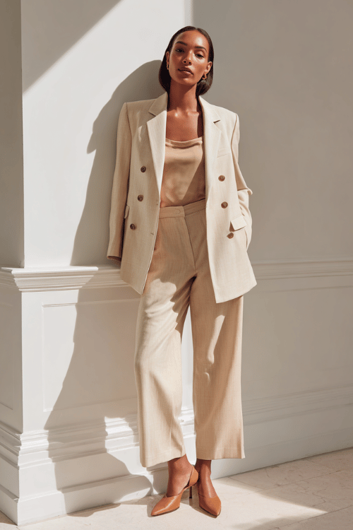 a beautiful Black woman dressed in a sleek double-breasted blazer in warm ivory paired with matching tailored wide-leg trousers and a simple silk camisole in champagne underneath 