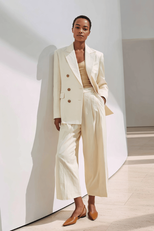 a beautiful Black woman dressed in a sleek double-breasted blazer in warm ivory paired with matching tailored wide-leg trousers and a simple silk camisole in champagne underneath