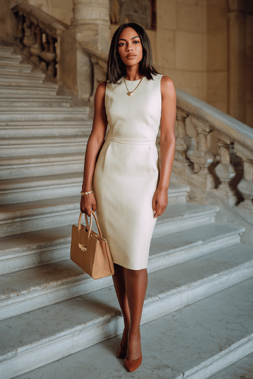 a beautiful Black woman dressed in an elegant sleeveless midi dress in rich warm ivory crepe with subtle waist detailing, paired with block-heel leather pumps in deep cognac 
