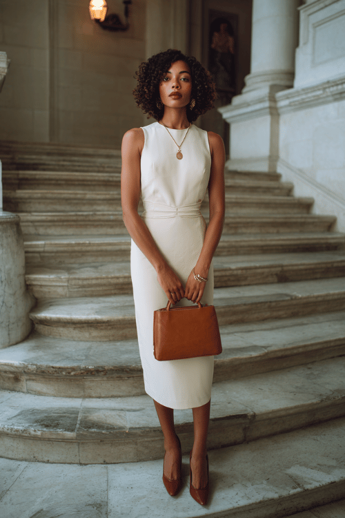 a beautiful Black woman dressed in an elegant sleeveless midi dress in rich warm ivory crepe with subtle waist detailing, paired with block-heel leather pumps in deep cognac