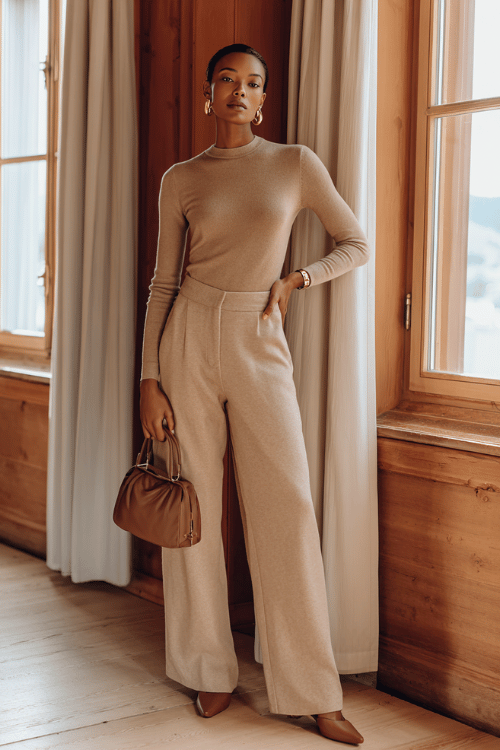 a beautiful Black woman in a refined cashmere co-ord set in warm camel a fitted long-sleeve top and tailored wide-leg trousers accessorized with a slim gold cuff bracelet