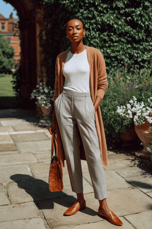 a beautiful Black woman in a sophisticated longline cashmere cardigan in warm oatmeal worn over a simple fitted white mock-neck top and tailored straight-leg trousers in soft stone grey