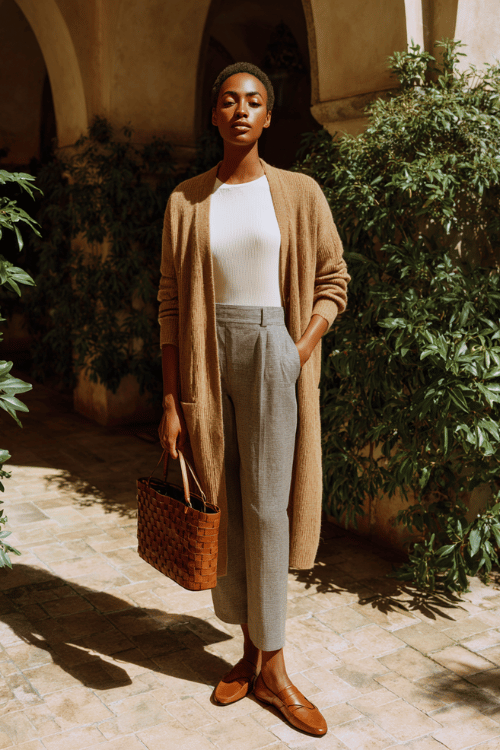 a beautiful Black woman in a sophisticated longline cashmere cardigan in warm oatmeal worn over a simple fitted white mock-neck top and tailored straight-leg trousers in soft stone grey