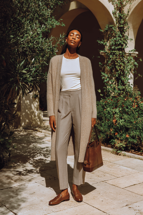 a beautiful Black woman in a sophisticated longline cashmere cardigan in warm oatmeal worn over a simple fitted white mock-neck top and tailored straight-leg trousers