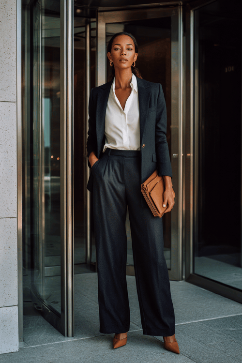 a beautiful Black woman wearing a perfectly tailored wool blazer suit in deep charcoal grey structured blazer and wide-leg trousers with a crisp white silk blouse underneath 