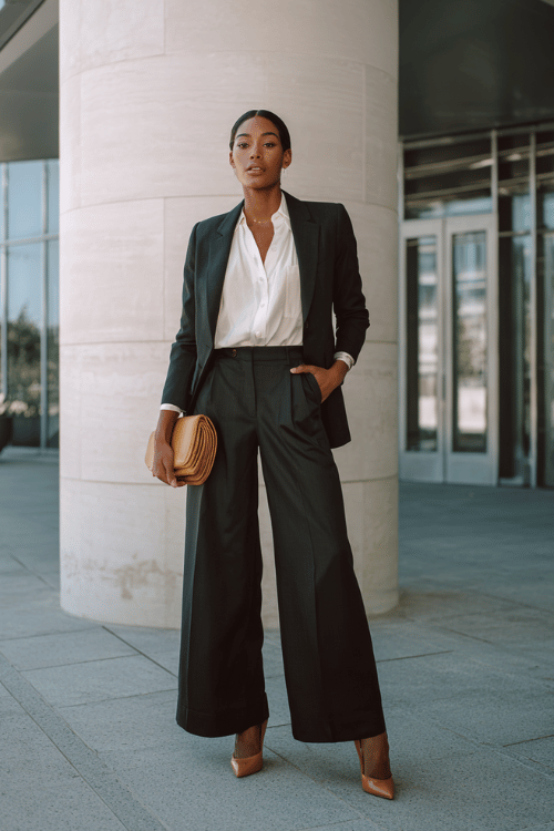 a beautiful Black woman wearing a perfectly tailored wool blazer suit in deep charcoal grey structured blazer and wide-leg trousers with a crisp white silk blouse underneath