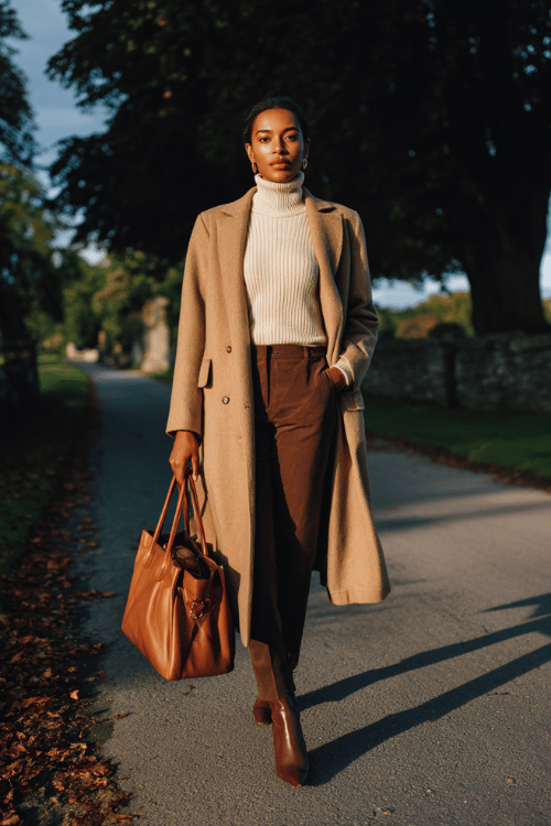 a beautiful Black woman wearing a tailored camel wool overcoat over a fitted ribbed turtleneck in soft ivory and slim-fit dark chocolate trousers, paired with pointed-toe leather ankle boots