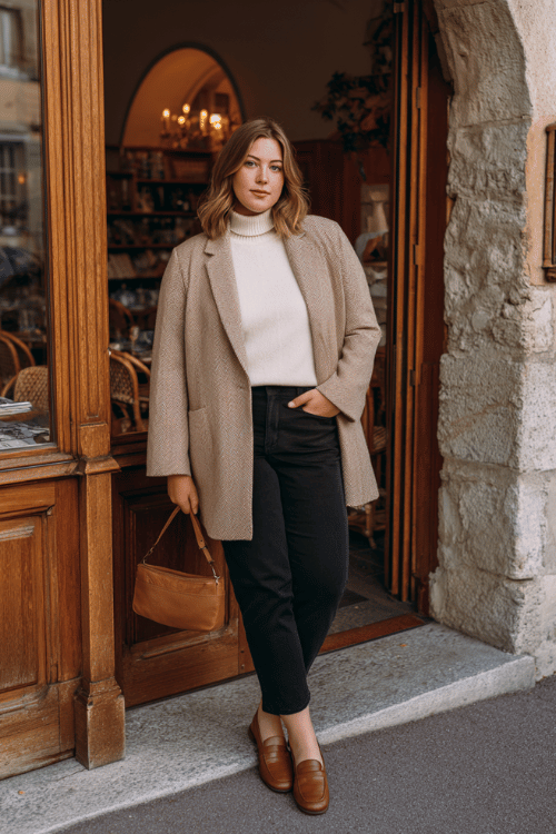 a beautiful plus-size woman dressed in a relaxed yet polished oversized cashmere blazer in warm stone beige over a simple fitted white turtleneck and slim-fit dark tailored trousers