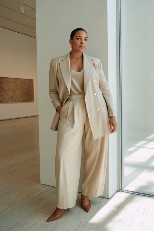 a beautiful plus-size woman dressed in a well-fitted double-breasted longline blazer in warm ivory over a simple silk camisole in champagne and tailored wide-leg trousers in soft cream