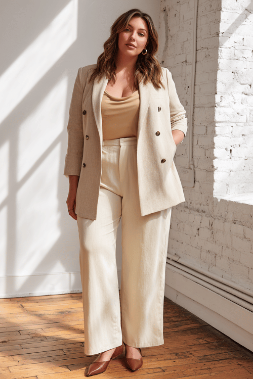 a beautiful plus-size woman dressed in a well-fitted double-breasted longline blazer in warm ivory over a simple silk camisole in champagne and tailored wide-leg trousers in soft cream