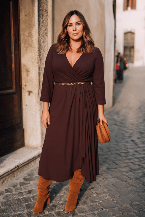 a beautiful plus-size woman in a flowing long-sleeve midi wrap dress in deep chocolate brown ribbed knit, accessorized with a thin gold chain belt at the waist, knee-high suede boots
