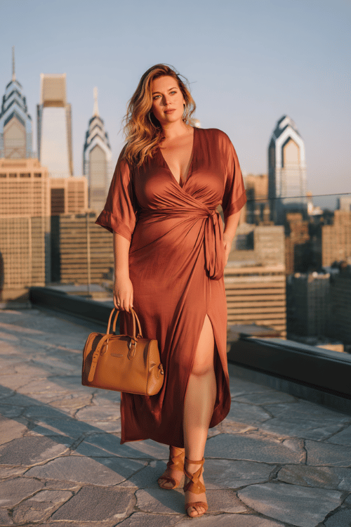 a beautiful plus-size woman in a sophisticated floor-length silk wrap dress in warm dusty rose, gently draped and cinched at the waist, paired with strappy block-heel leather sandals