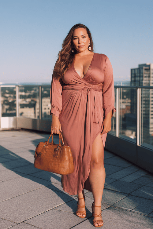 a beautiful plus-size woman in a sophisticated floor-length silk wrap dress in warm dusty rose, gently draped and cinched at the waist, paired with strappy block-heel leather sandals