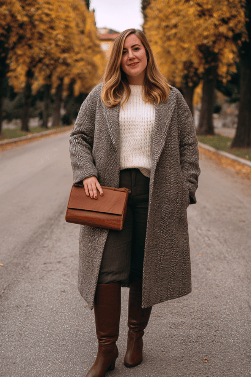 a beautiful plus-size woman in a tailored herringbone wool midi coat in warm grey and brown tones, worn over a fine ribbed knit sweater in cream and straight-leg dark trousers