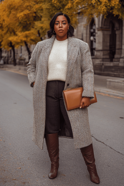 a beautiful plus-size woman in a tailored herringbone wool midi coat in warm grey and brown tones, worn over a fine ribbed knit sweater in cream and straight-leg dark trousers