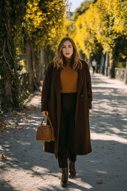 a beautiful plus-size woman wearing a longline wool overcoat in rich deep camel over a fitted ribbed turtleneck in warm oatmeal and tailored straight-leg dark trousers