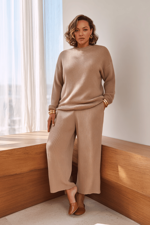 a beautiful plus-size woman wearing a sophisticated knit co-ord set in warm taupe a fitted long-sleeve crewneck top and a flowing wide-leg trouser
