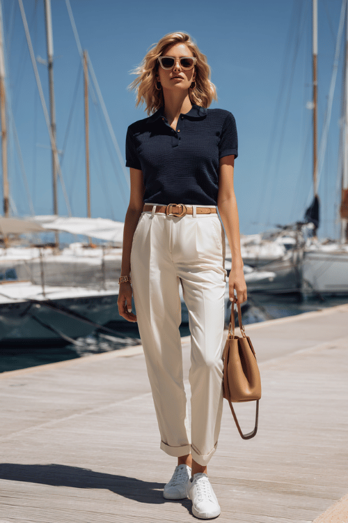 a classic navy blue knit polo shirt tucked into tailored cream straight-leg trousers, wearing white leather sneakers and a tan leather belt, carrying a structured leather bucket bag
