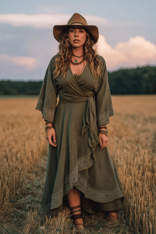 a curvy model in a deep olive green wrap maxi dress with bell sleeves and embroidered hem, paired with a floppy suede hat, layered gemstone necklaces