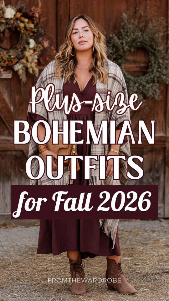 a curvy model wearing a plus-size fall boho outfit with a cozy oversized earth-tone plaid shawl draped over a deep wine-colored smocked midi dress with flutter sleeves