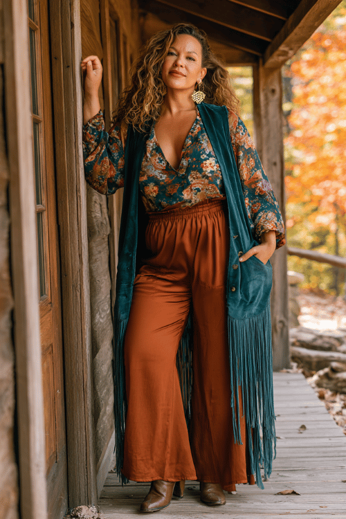 a curvy woman dressed in a layered boho ensemble a sheer floral blouse over a rust slip dress, stacked with a long tassel vest in deep teal accessorized with heeled western boots