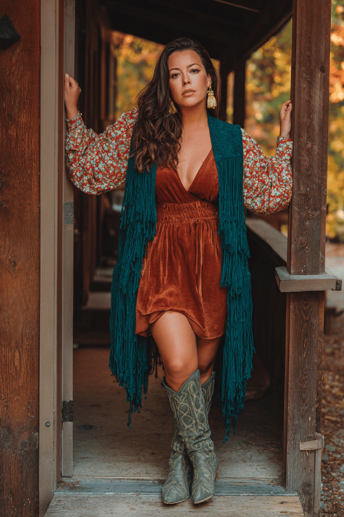 a curvy woman dressed in a layered boho ensemble a sheer floral blouse over a rust slip dress, stacked with a long tassel vest in deep teal accessorized with heeled western boots