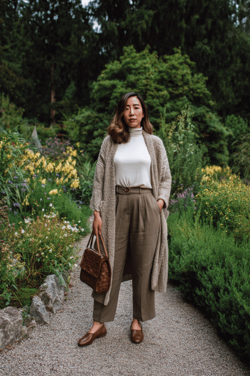 a curvy woman dressed in a refined longline cardigan in deep oatmeal cashmere worn over a simple fitted white turtleneck and tailored straight-leg trousers in warm stone grey