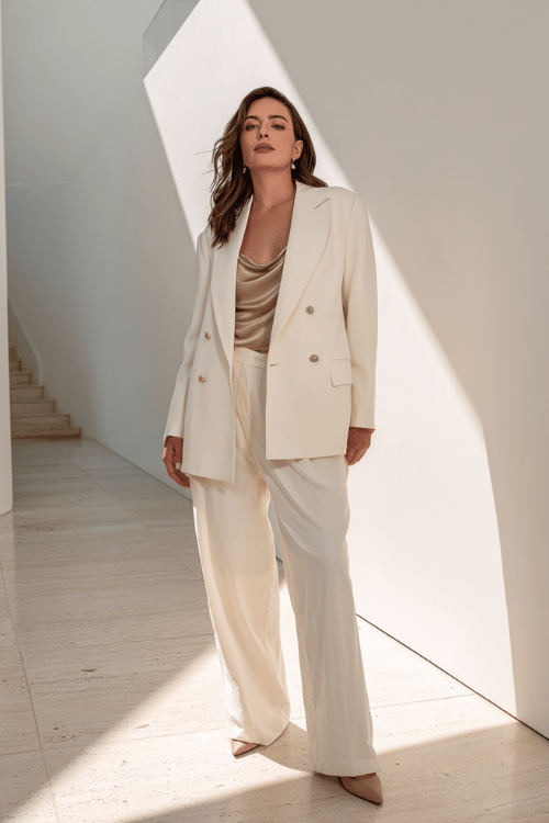 a curvy woman dressed in a well-fitted double-breasted blazer in warm ivory over a simple silk camisole in champagne and tailored wide-leg trousers in soft cream