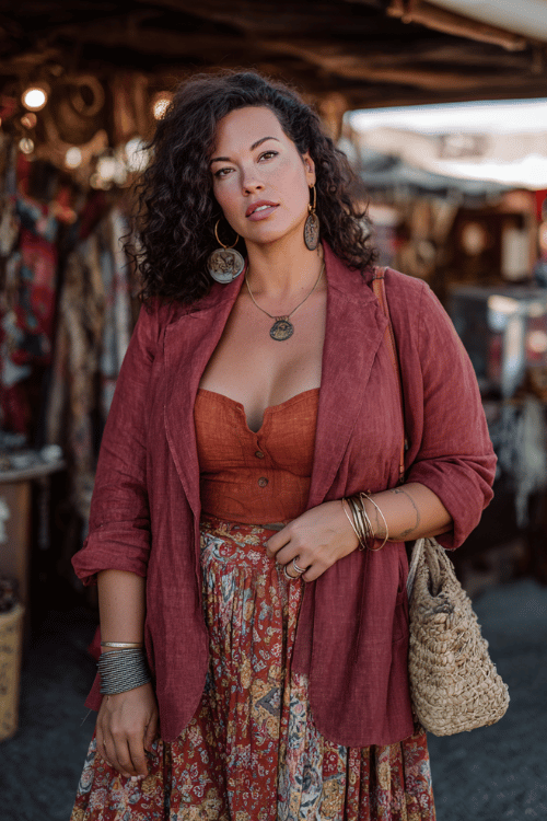a curvy woman in a boho-chic fall outfit oversized terracotta linen blazer over a printed maxi skirt in warm spice tones, stacked bracelets, a structured woven bag