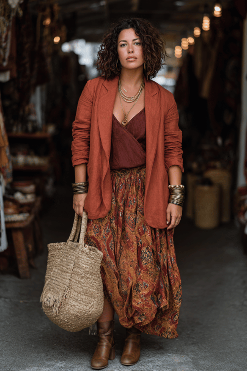 a curvy woman in a boho-chic fall outfit oversized terracotta linen blazer over a printed maxi skirt in warm spice tones, stacked bracelets, a structured woven bag
